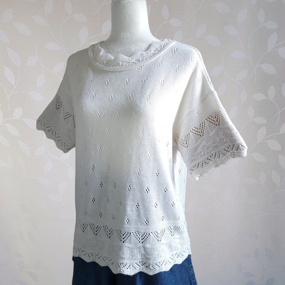 Vintage 60s College Point Pointelle Sweater Top Scallop Knit Short Sleeve Cream - Picture 8 of 13